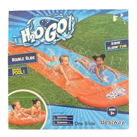 H2OGO! Double Lane 18 Foot Water Slide with Sprinkler Drench Pool - Age 3+ NEW - Picture 1 of 2
